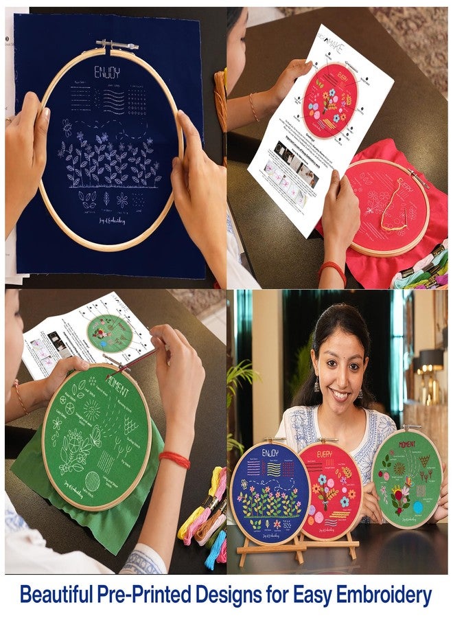 picknMAKE Combo of 3 Hand Embroidery Kits for Beginners - DIY Embroidery Kit for Adults & Kids with Colorful Fabrics, 16 Threads, Hoops, Needles & Step‑by‑Step Guide - Floral Theme - Image 3